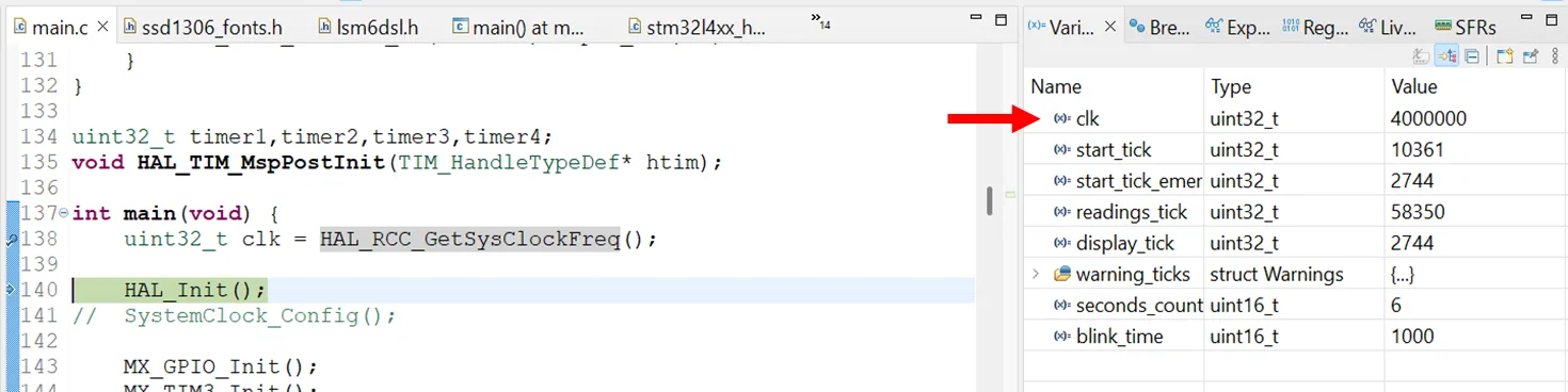 Debugger showing system clock speed