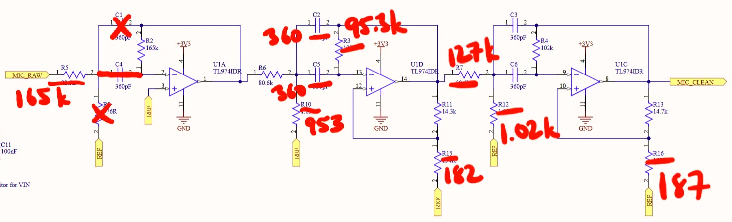 Filter board schematic with corrective markings